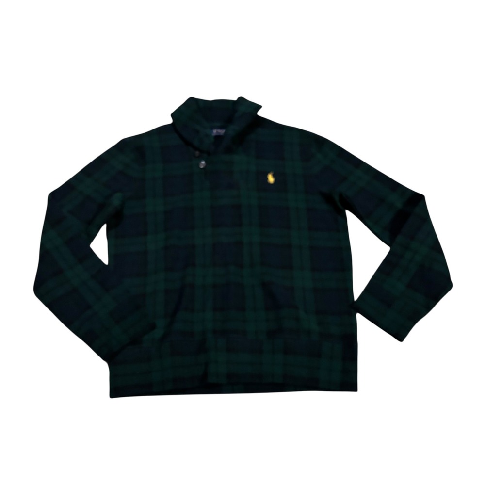 Polo Ralph Lauren Mens‎ Black Watch Plaid Shawl Collar Pullover Green Navy Small
